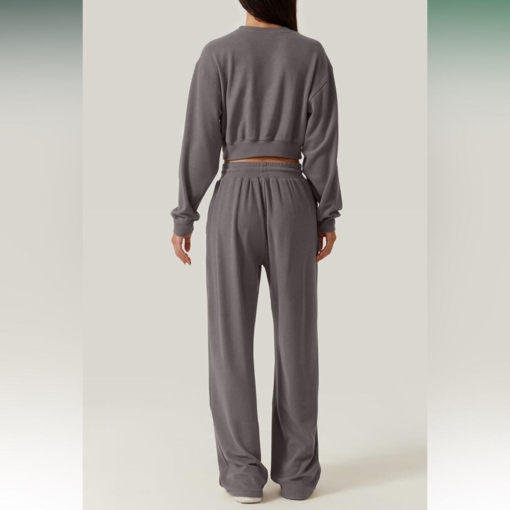 Women 2 Piece Outfits Sweatpants Set Twist Front Cropped Sweatshirt Wide Leg M - Picture 2 of 5